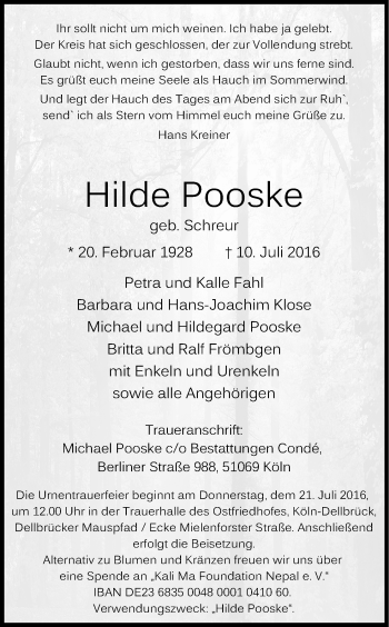 Anzeige von Hilde Pooske von Kölner Stadt-Anzeiger / Kölnische Rundschau / Express