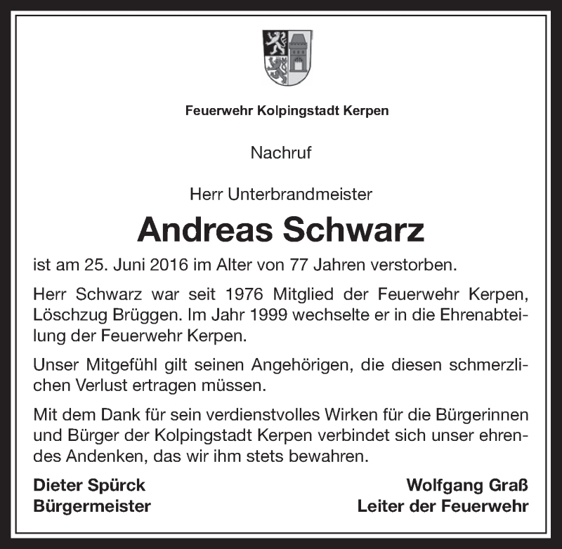  Traueranzeige für Andreas Schwarz vom 06.07.2016 aus  Werbepost 