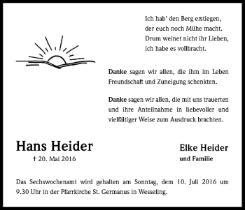Anzeige von Hans Heider von Kölner Stadt-Anzeiger / Kölnische Rundschau / Express