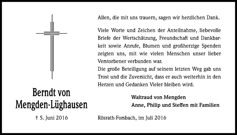  Traueranzeige für Berndt von Mengden-Lüghausen vom 30.07.2016 aus Kölner Stadt-Anzeiger / Kölnische Rundschau / Express