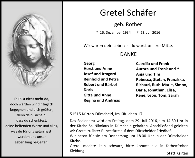  Traueranzeige für Gretel Schäfer vom 27.07.2016 aus Kölner Stadt-Anzeiger / Kölnische Rundschau / Express
