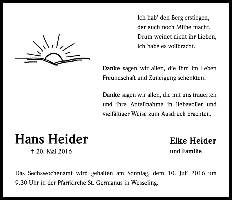  Traueranzeige für Hans Heider vom 06.07.2016 aus Kölner Stadt-Anzeiger / Kölnische Rundschau / Express
