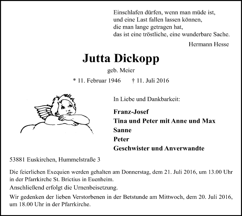  Traueranzeige für Jutta Dickopp vom 16.07.2016 aus  Blickpunkt Euskirchen 