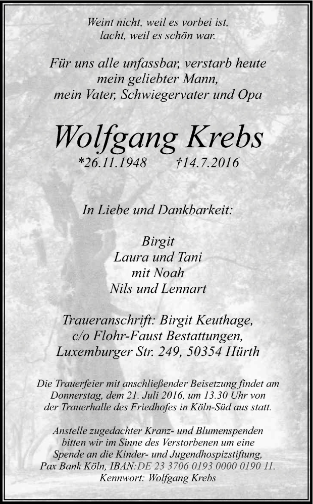  Traueranzeige für Wolfgang Krebs vom 16.07.2016 aus Kölner Stadt-Anzeiger / Kölnische Rundschau / Express
