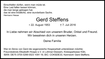 Anzeige von Gerd Steffens von Kölner Stadt-Anzeiger / Kölnische Rundschau / Express