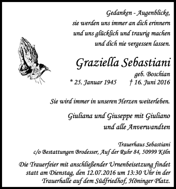 Anzeige von Graziella Sebastiani von Kölner Stadt-Anzeiger / Kölnische Rundschau / Express