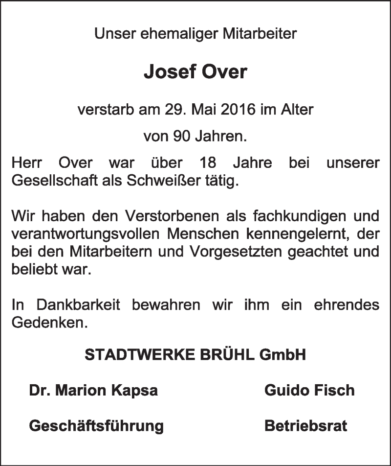  Traueranzeige für Josef Over vom 06.07.2016 aus  Schlossbote/Werbekurier 