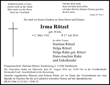 Anzeige von Irma Rötzel von Kölner Stadt-Anzeiger / Kölnische Rundschau / Express