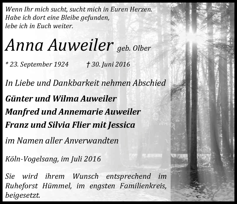  Traueranzeige für Anna Auweiler vom 09.07.2016 aus Kölner Stadt-Anzeiger / Kölnische Rundschau / Express