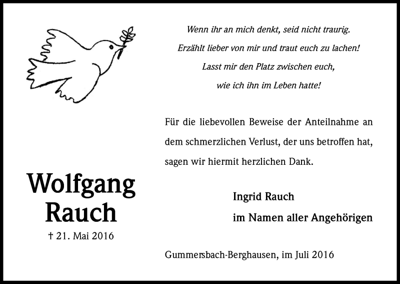 Traueranzeige für Wolfgang Rauch vom 16.07.2016 aus Kölner Stadt-Anzeiger / Kölnische Rundschau / Express