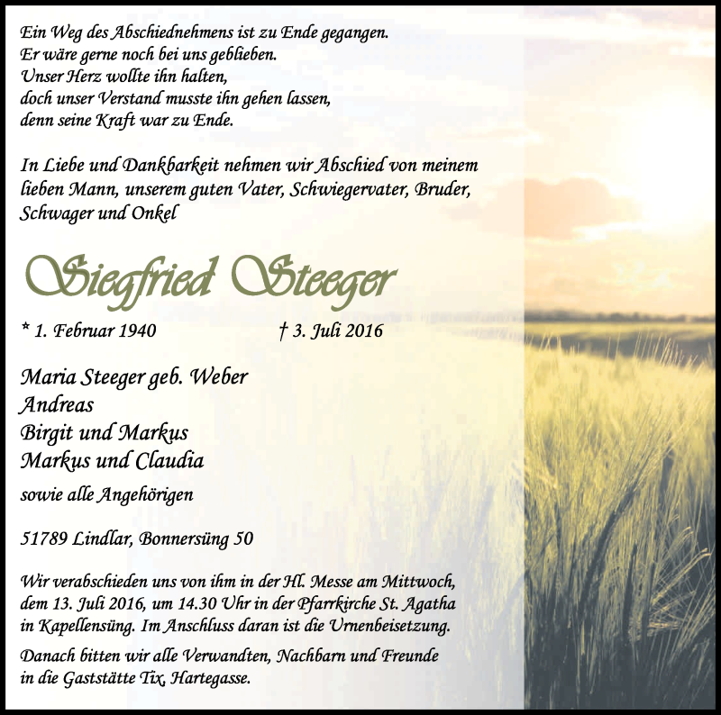  Traueranzeige für Siegfried Steeger vom 09.07.2016 aus Kölner Stadt-Anzeiger / Kölnische Rundschau / Express