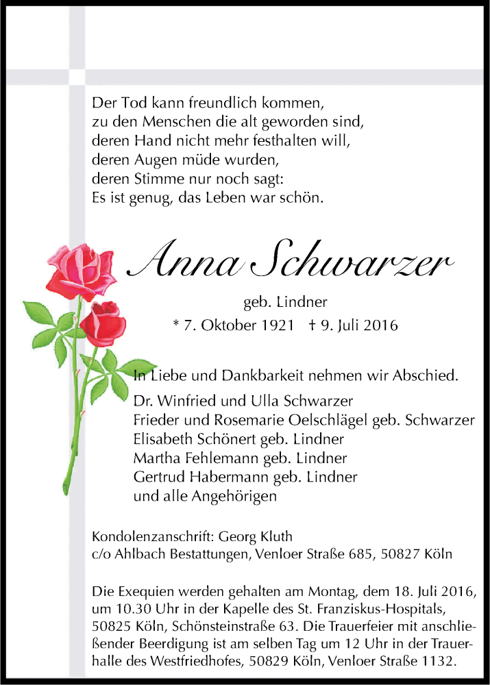  Traueranzeige für Anna Schwarzer vom 16.07.2016 aus Kölner Stadt-Anzeiger / Kölnische Rundschau / Express