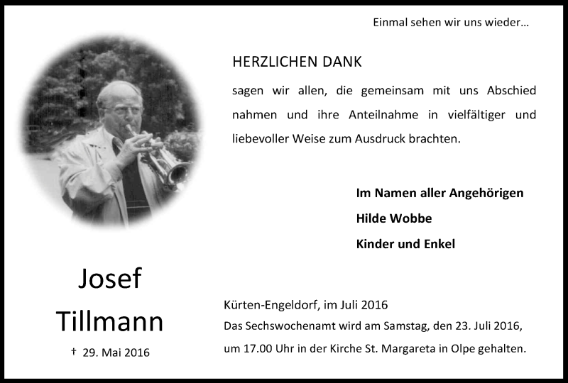  Traueranzeige für Josef Tillmann vom 16.07.2016 aus Kölner Stadt-Anzeiger / Kölnische Rundschau / Express