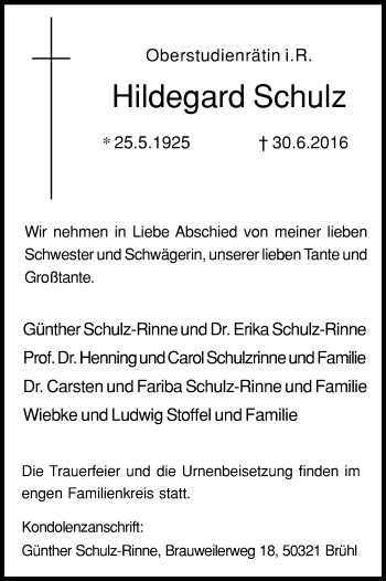 Anzeige von Hildegard Schulz von Kölner Stadt-Anzeiger / Kölnische Rundschau / Express