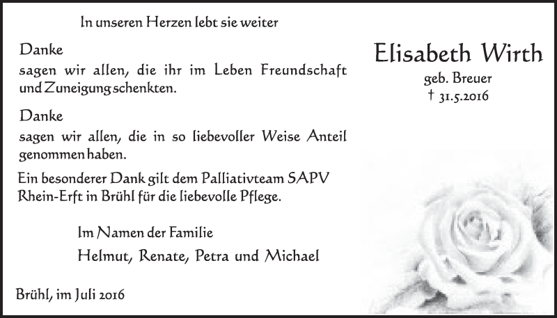  Traueranzeige für Elisabeth Wirth vom 06.07.2016 aus  Schlossbote/Werbekurier 