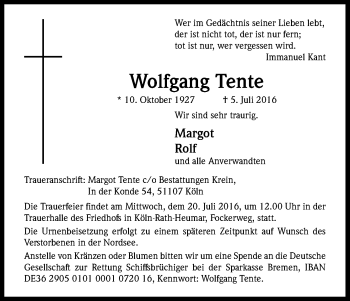 Anzeige von Wolfgang Tente von Kölner Stadt-Anzeiger / Kölnische Rundschau / Express