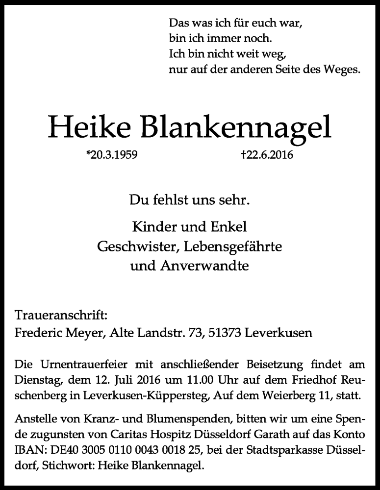  Traueranzeige für Heike Blankennagel vom 02.07.2016 aus Kölner Stadt-Anzeiger / Kölnische Rundschau / Express