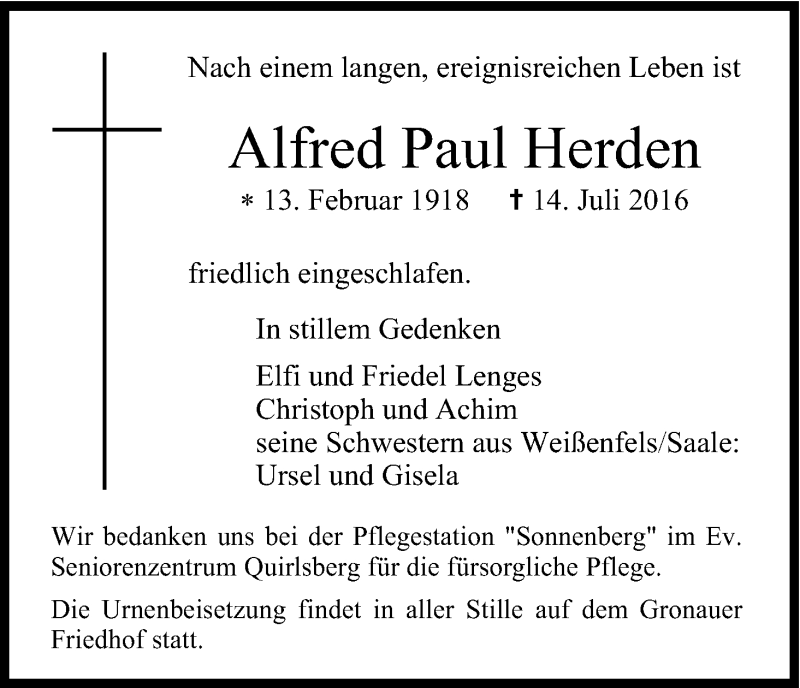  Traueranzeige für Alfred Paul Herden vom 20.07.2016 aus Kölner Stadt-Anzeiger / Kölnische Rundschau / Express