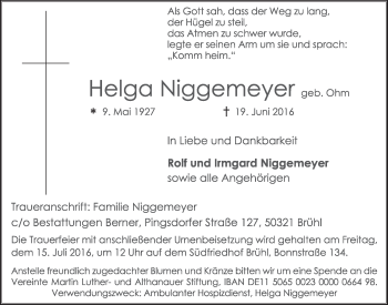 Anzeige von Helga Niggemeyer von  Schlossbote/Werbekurier 