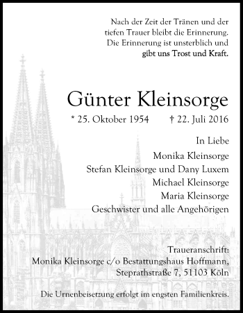 Anzeige von Günter Kleinsorge von Kölner Stadt-Anzeiger / Kölnische Rundschau / Express
