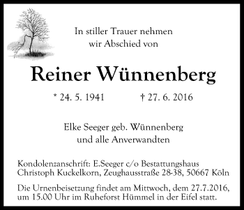 Anzeige von Reiner Wünnenberg von Köln - Wir Trauern
