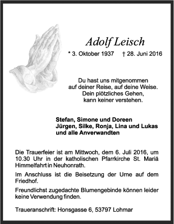 Anzeige von Adolf Leisch von Kölner Stadt-Anzeiger / Kölnische Rundschau / Express