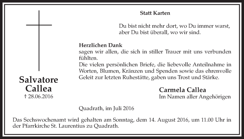  Traueranzeige für Salvatore Callea vom 16.07.2016 aus  Sonntags-Post 