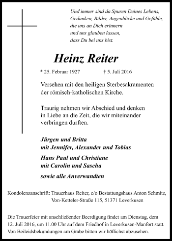 Anzeige von Heinz Reiter von Kölner Stadt-Anzeiger / Kölnische Rundschau / Express