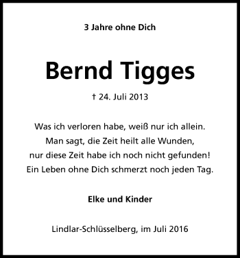 Anzeige von Bernd Tigges von Kölner Stadt-Anzeiger / Kölnische Rundschau / Express