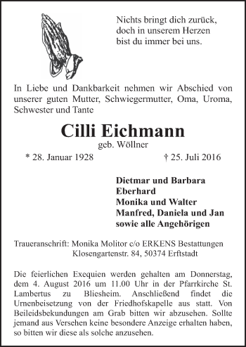 Anzeige von Cilli Eichmann von  Sonntags-Post 