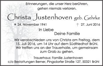 Anzeige von Christa Justenhoven von  Schlossbote/Werbekurier 