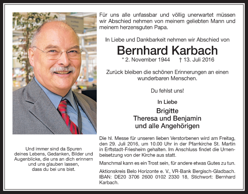  Traueranzeige für Bernhard Karbach vom 27.07.2016 aus  Werbepost 