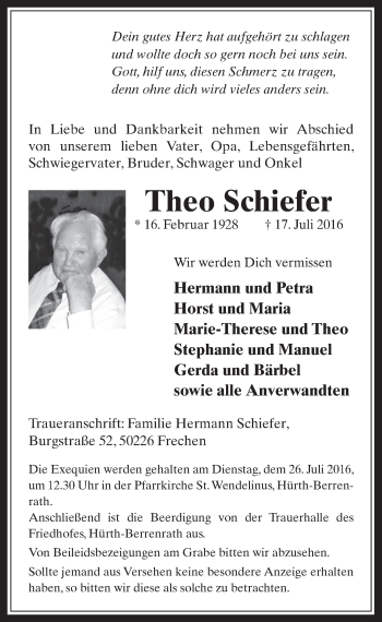 Anzeige von Theo Schiefer von  Wochenende 