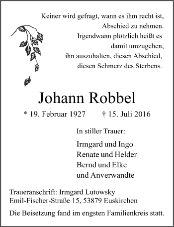 Anzeige von Johann Robbel von  Blickpunkt Euskirchen 