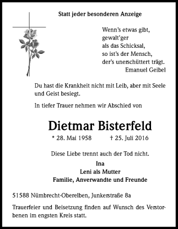 Anzeige von Dietmar Bisterfeld von Kölner Stadt-Anzeiger / Kölnische Rundschau / Express