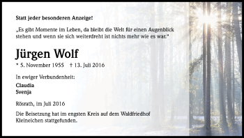 Anzeige von Jürgen Wolf von Kölner Stadt-Anzeiger / Kölnische Rundschau / Express