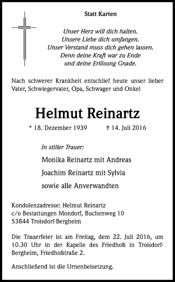 Anzeige von Helmut Reinartz von Kölner Stadt-Anzeiger / Kölnische Rundschau / Express