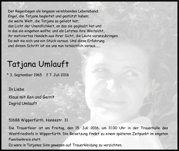Anzeige von Tatjana Umlauft von Kölner Stadt-Anzeiger / Kölnische Rundschau / Express
