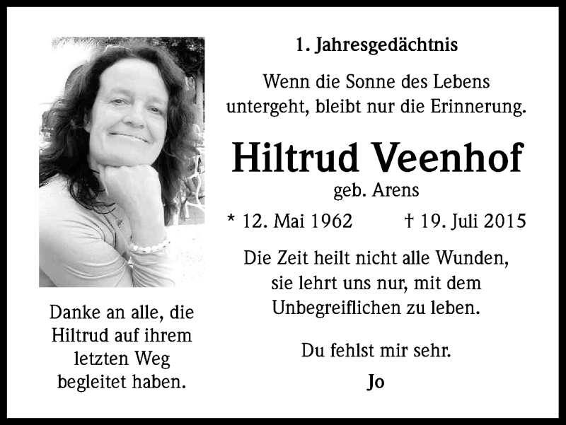  Traueranzeige für Hiltrud Veenhof vom 19.07.2016 aus Kölner Stadt-Anzeiger / Kölnische Rundschau / Express