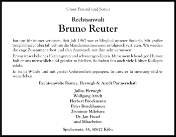 Anzeige von Bruno Reuter von Kölner Stadt-Anzeiger / Kölnische Rundschau / Express
