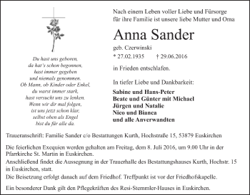 Anzeige von Anna Sander von  Blickpunkt Euskirchen 