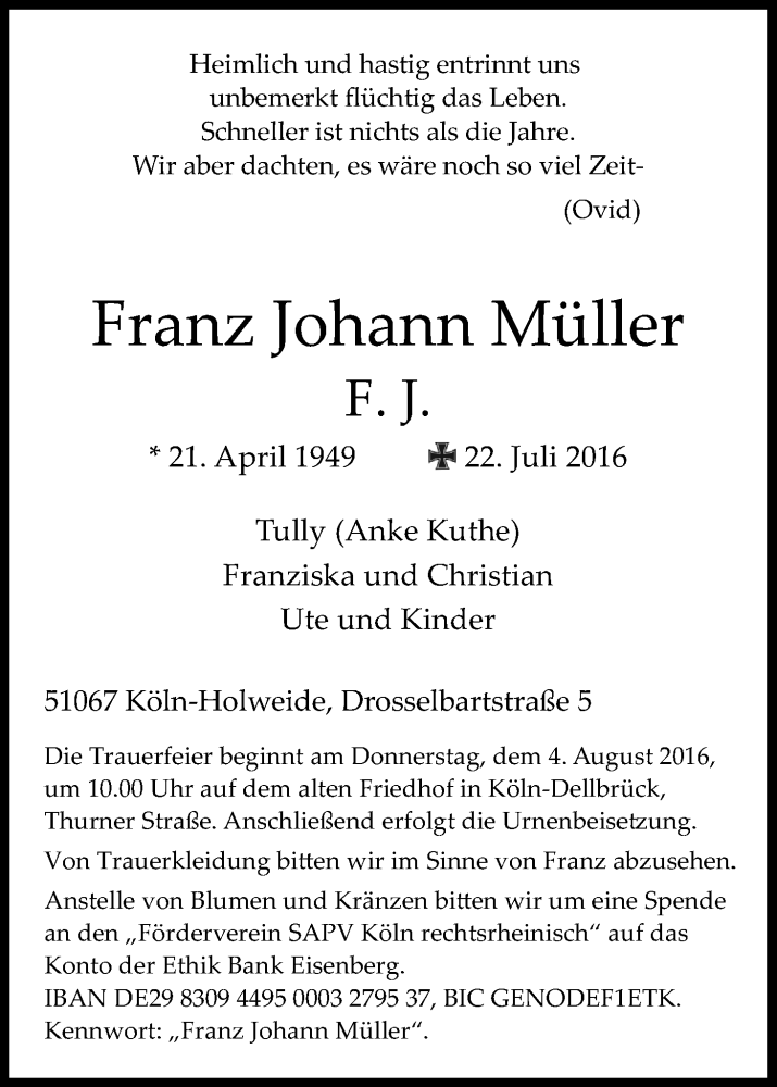  Traueranzeige für Franz Johann Müller vom 30.07.2016 aus Kölner Stadt-Anzeiger / Kölnische Rundschau / Express