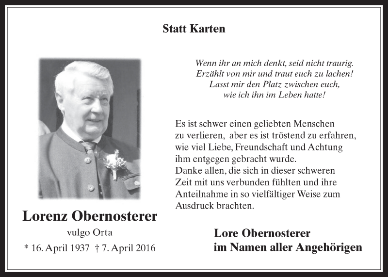  Traueranzeige für Lorenz Obernosterer vom 02.07.2016 aus  Sonntags-Post 