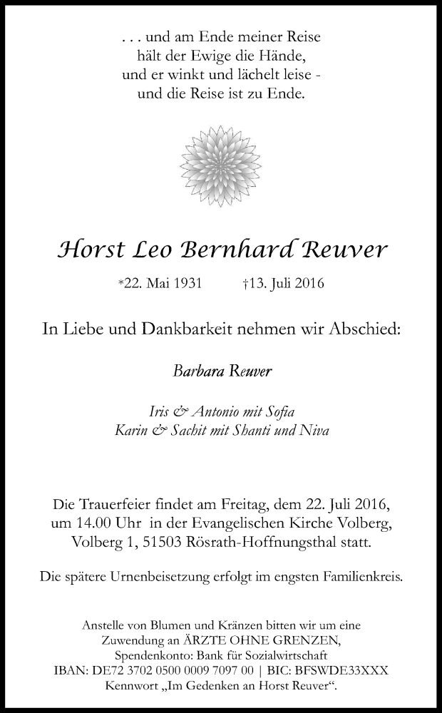 Traueranzeige für Horst Leo Bernhard Reuver vom 16.07.2016 aus Kölner Stadt-Anzeiger / Kölnische Rundschau / Express
