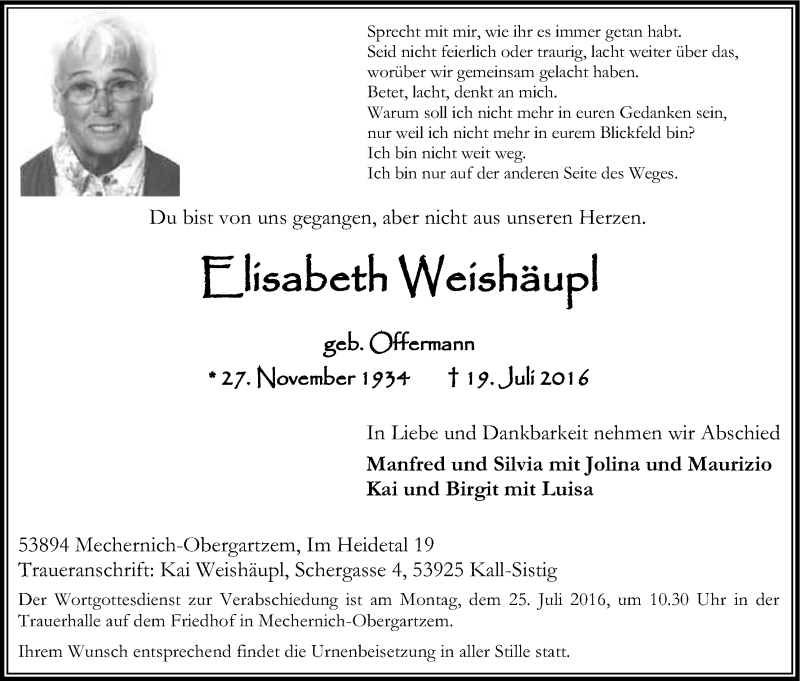 Traueranzeige für Elisabeth Weishäupl vom 23.07.2016 aus Kölner Stadt-Anzeiger / Kölnische Rundschau / Express