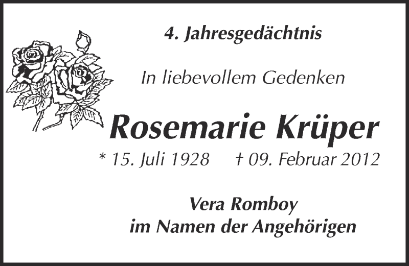  Traueranzeige für Rosemarie Krüper vom 13.07.2016 aus  Kölner Wochenspiegel 