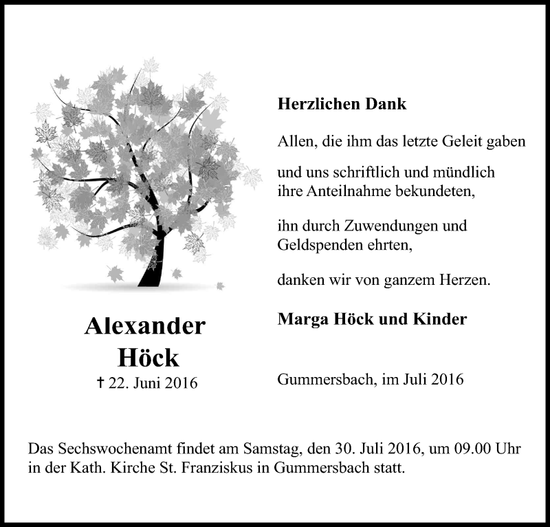  Traueranzeige für Alexander Höck vom 20.07.2016 aus Kölner Stadt-Anzeiger / Kölnische Rundschau / Express