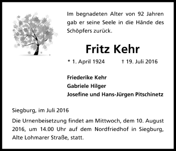 Anzeige von Fritz Kehr von Kölner Stadt-Anzeiger / Kölnische Rundschau / Express