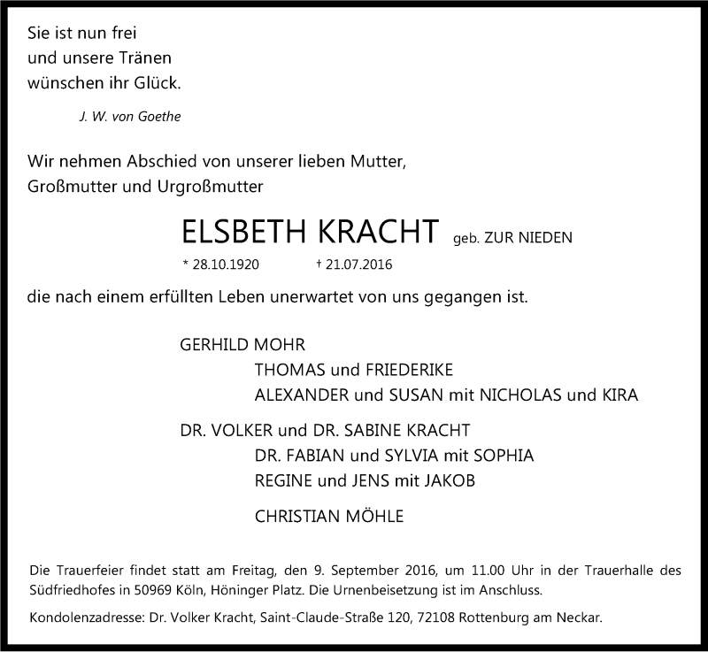  Traueranzeige für Elsbeth Kracht vom 30.07.2016 aus Kölner Stadt-Anzeiger / Kölnische Rundschau / Express