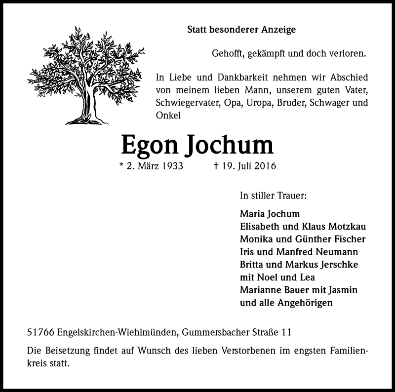  Traueranzeige für Egon Jochum vom 22.07.2016 aus Kölner Stadt-Anzeiger / Kölnische Rundschau / Express